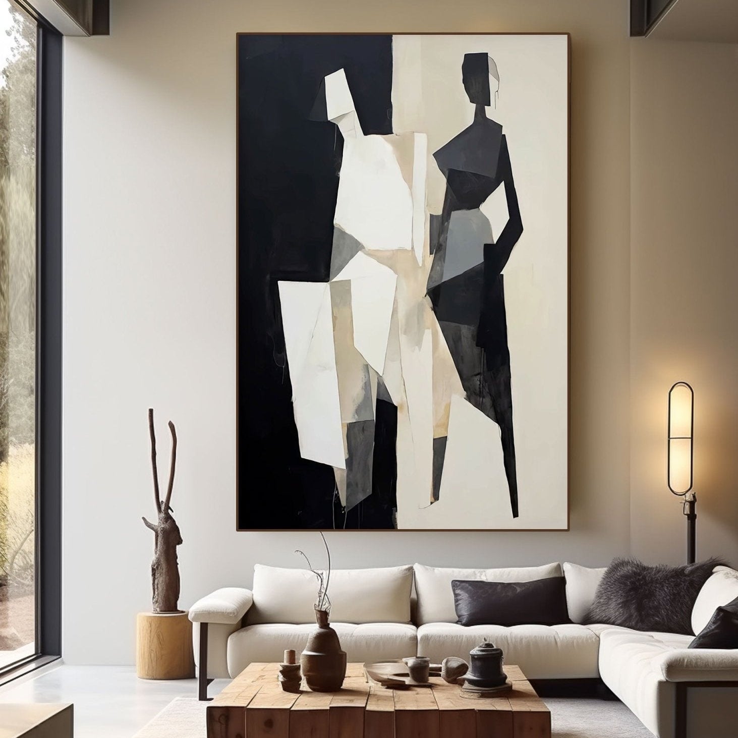 Modern living room with abstract art on the wall.