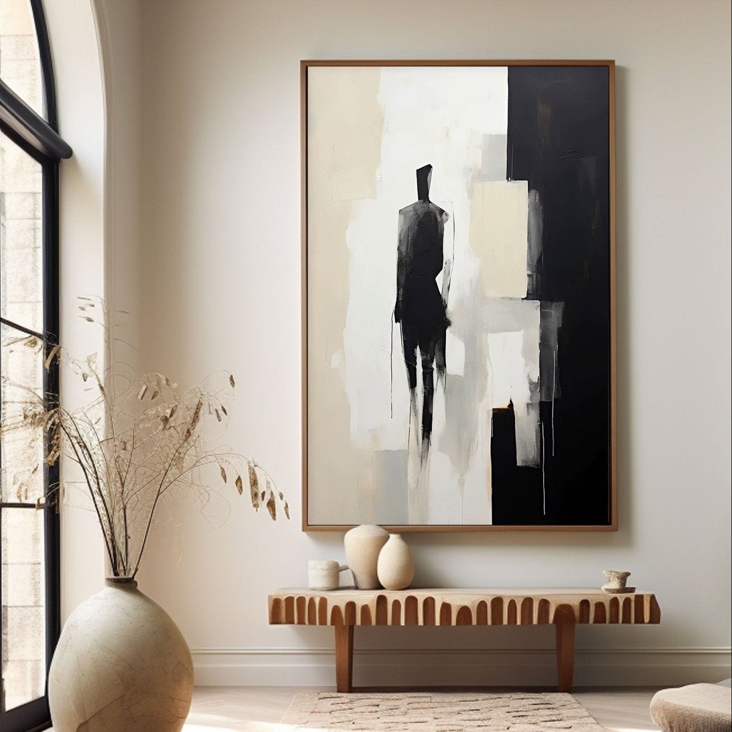 Modern interior with abstract art, vase, and coffee table.