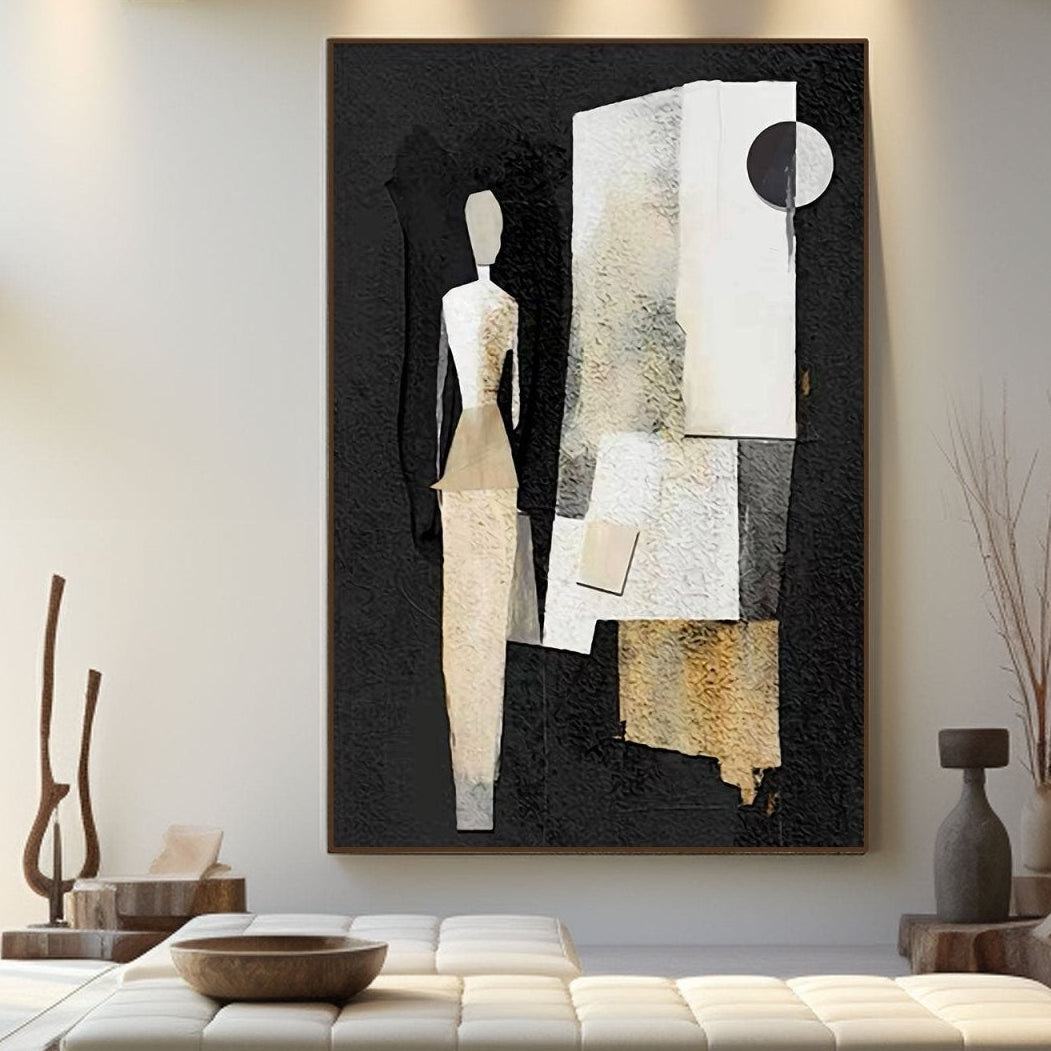Modern interior with abstract artwork, minimal furniture, and decorative items.