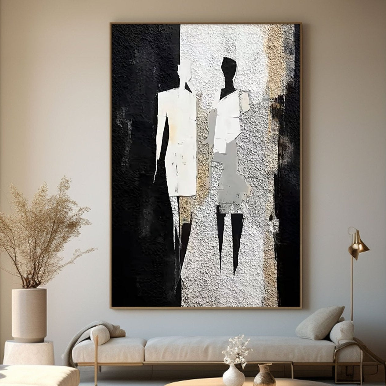 Modern living room with abstract art on the wall