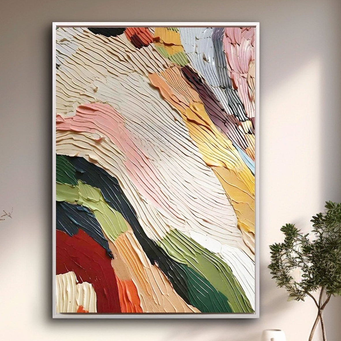 Colorful abstract painting in a modern living room setting