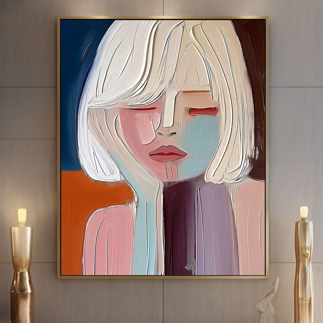 Abstract art painting of a woman's face in a modern interior setting