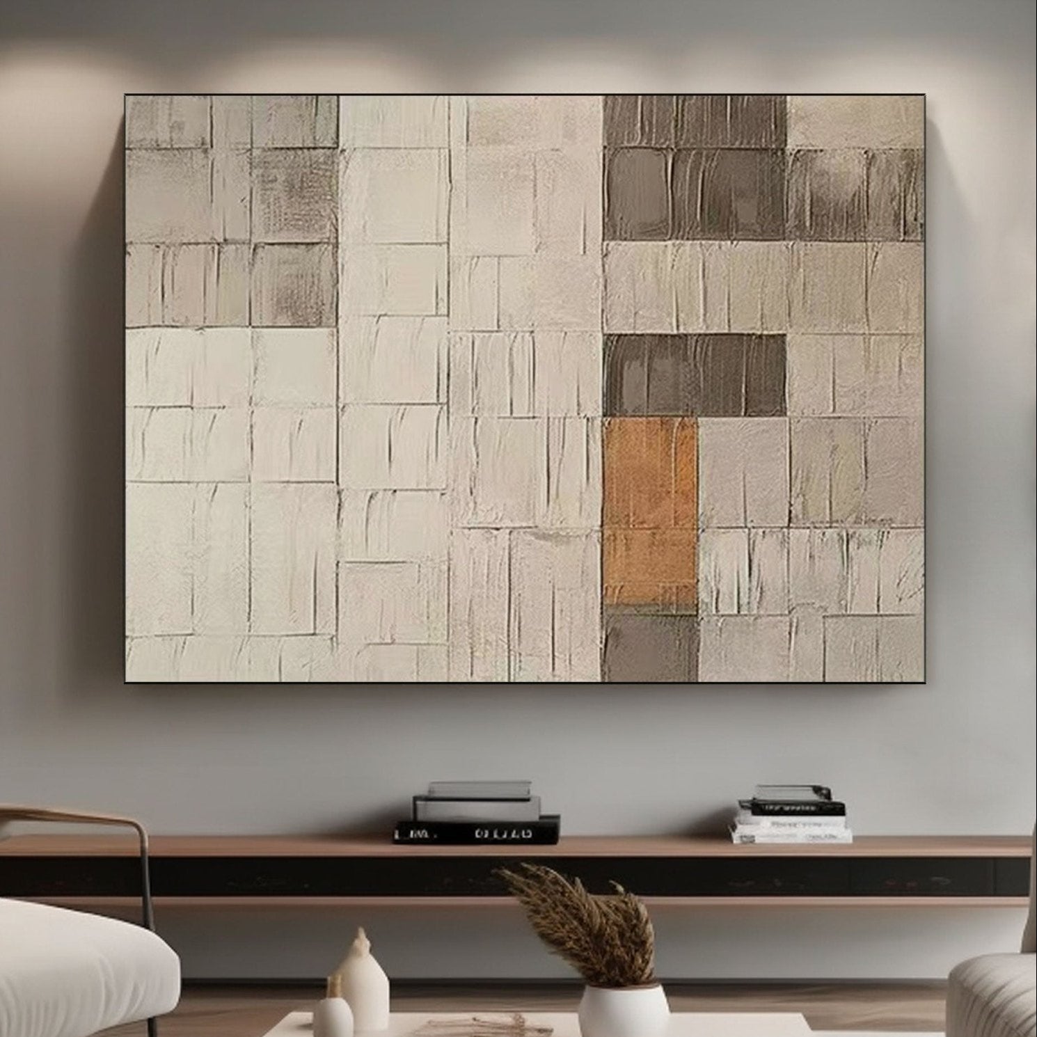 Abstract wabi-sabi wall art in a modern living room setting