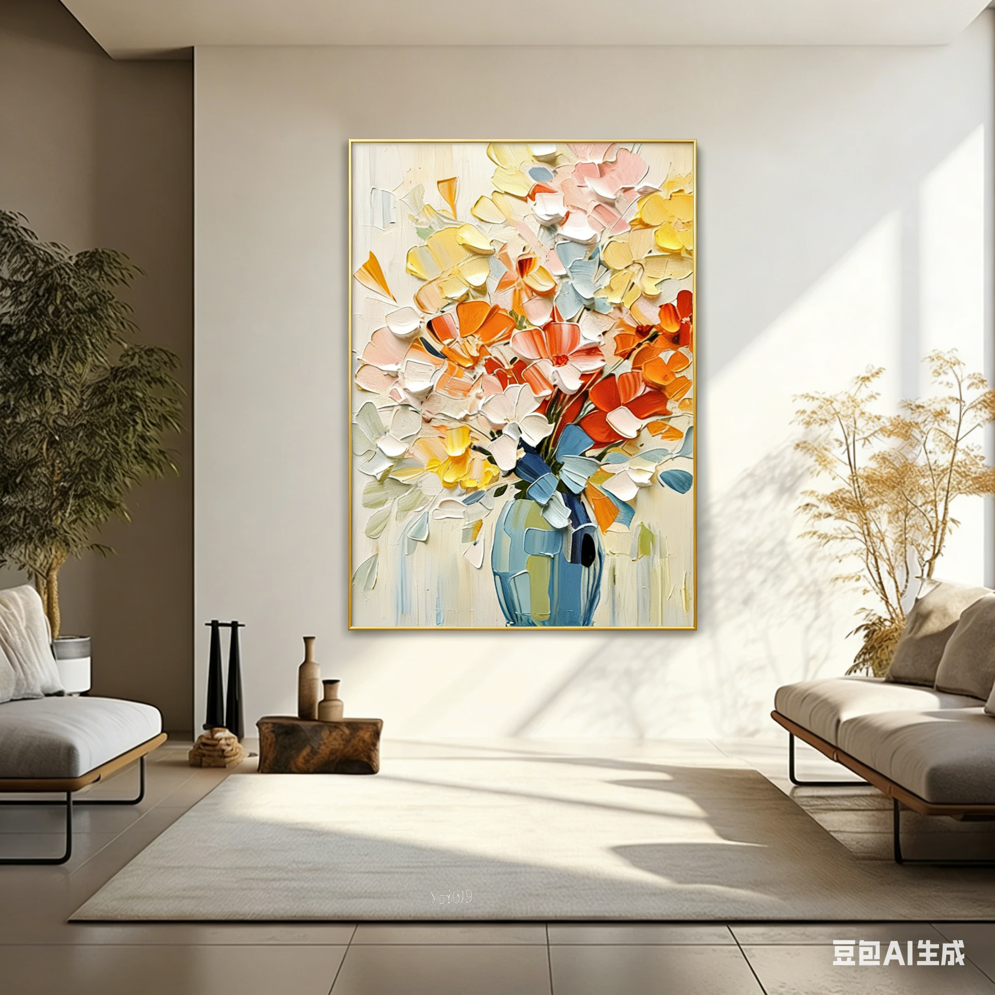 Colorful abstract floral painting in a modern living room.