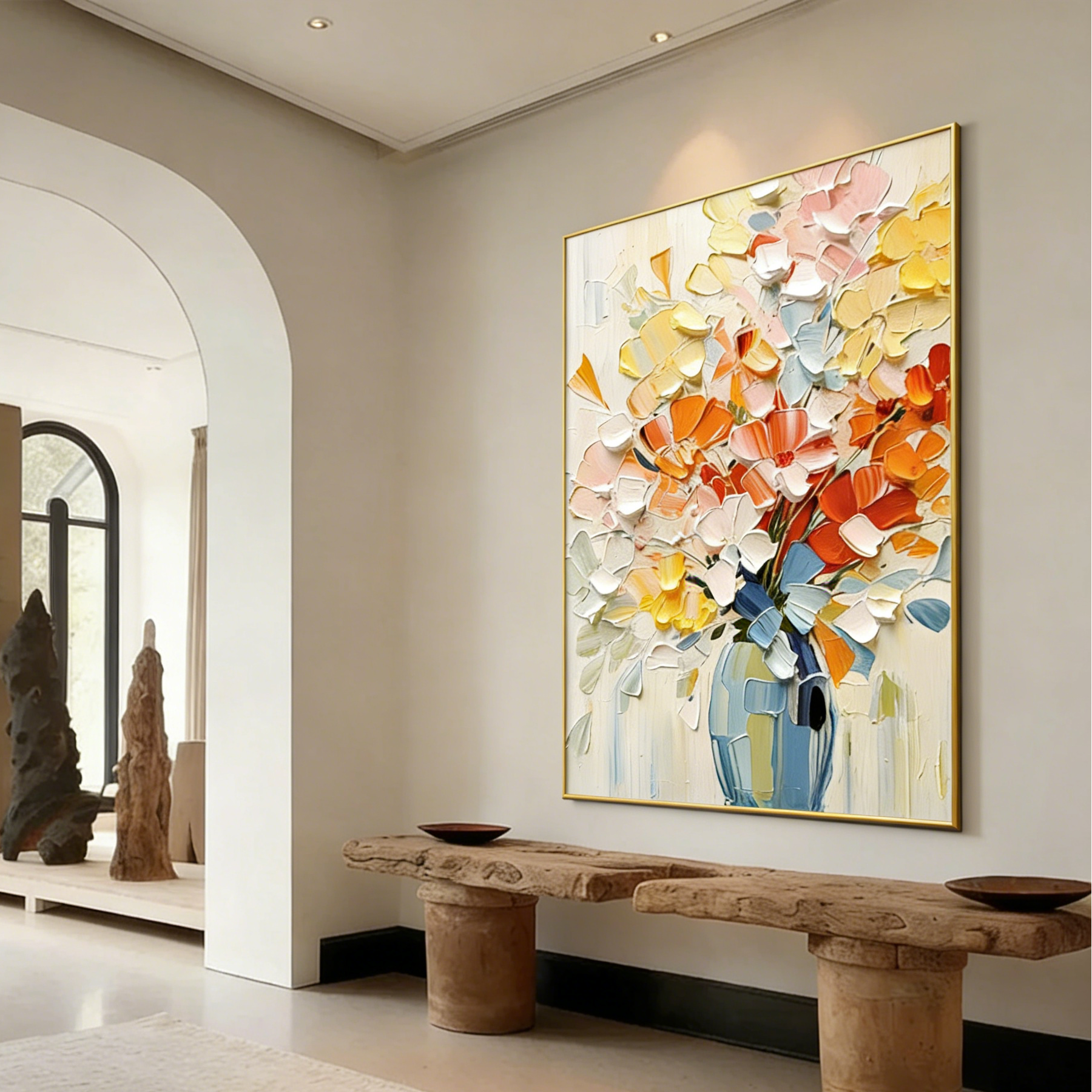 Modern interior with a large abstract floral painting on the wall, a wooden bench, and decorative elements.