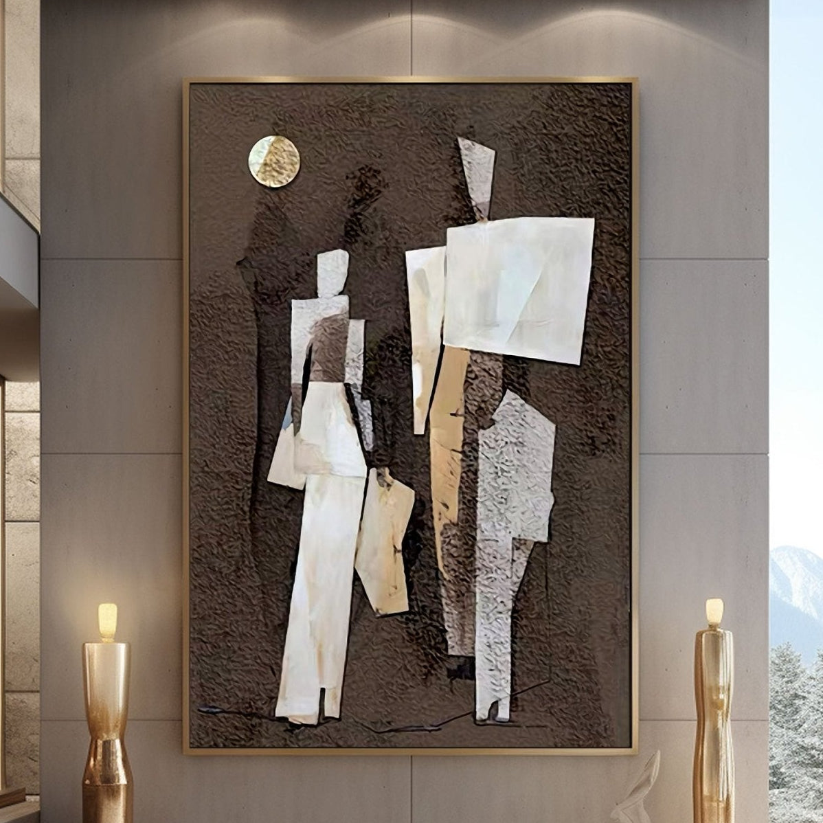 Modern living room with abstract art on the wall, candles, and a view of trees.